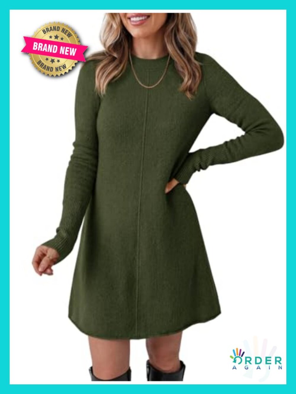 Long Sleeve Knit Sweater Mini Dress Crew Neck